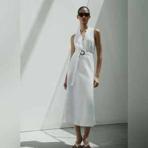 Mango White Linen Belt Dress
